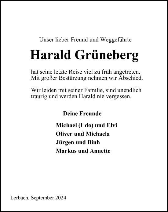 Traueranzeige von Harald Grüneberg von Harz Kurier