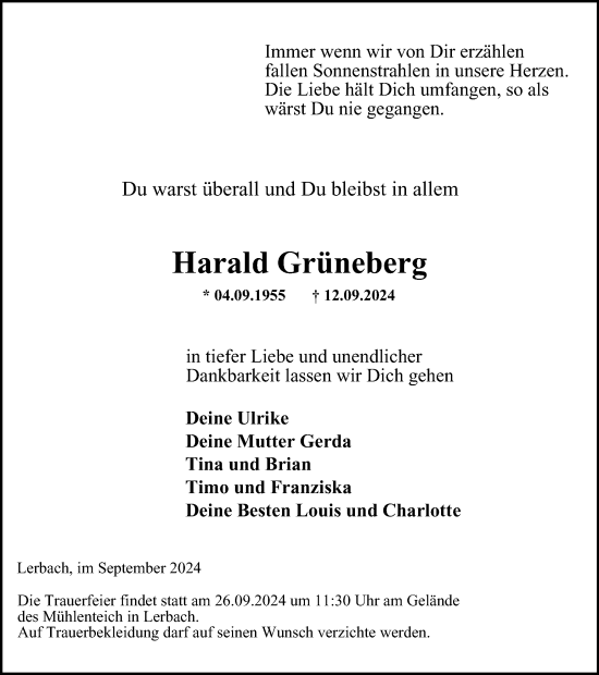 Traueranzeige von Harald Grüneberg von Harz Kurier