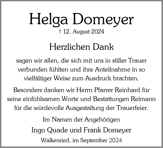 Traueranzeige von Helga Domeyer von Harz Kurier