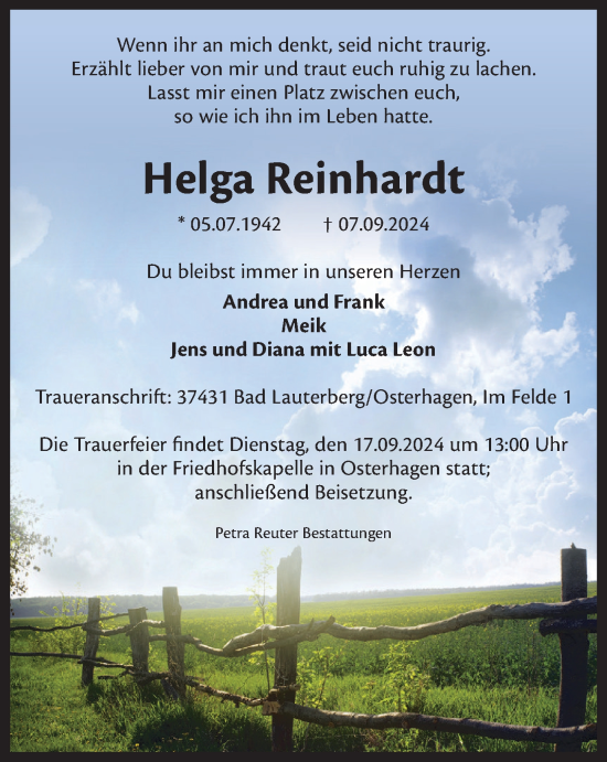 Traueranzeige von Helga Reinhardt von Harz Kurier