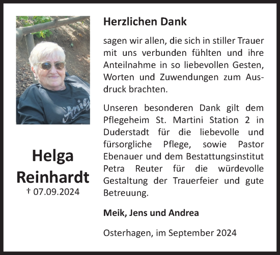 Traueranzeige von Helga Reinhardt von Harz Kurier