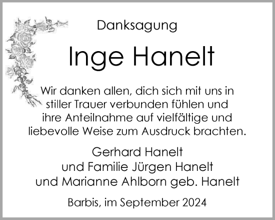 Traueranzeige von Inge Hanelt von Harz Kurier