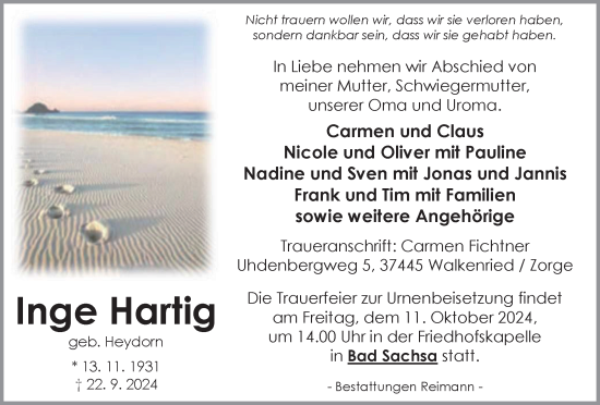 Traueranzeige von Inge Hartig von Harz Kurier