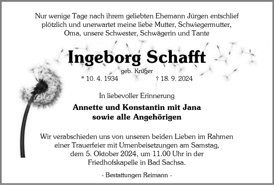 Traueranzeige von Ingeborg Schafft von Harz Kurier