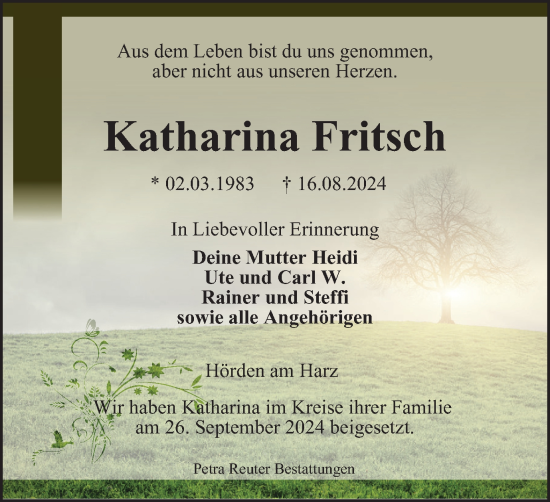 Traueranzeige von Katharina Fritsch von Harz Kurier