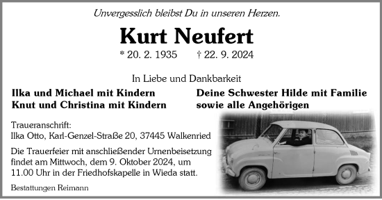 Traueranzeige von Kurt Neufert von Harz Kurier