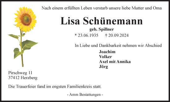 Traueranzeige von Lisa Schünemann von Harz Kurier