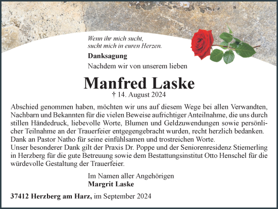 Traueranzeige von Manfred Laske von Harz Kurier