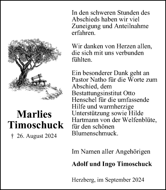 Traueranzeige von Marlies Timoschuck von Harz Kurier