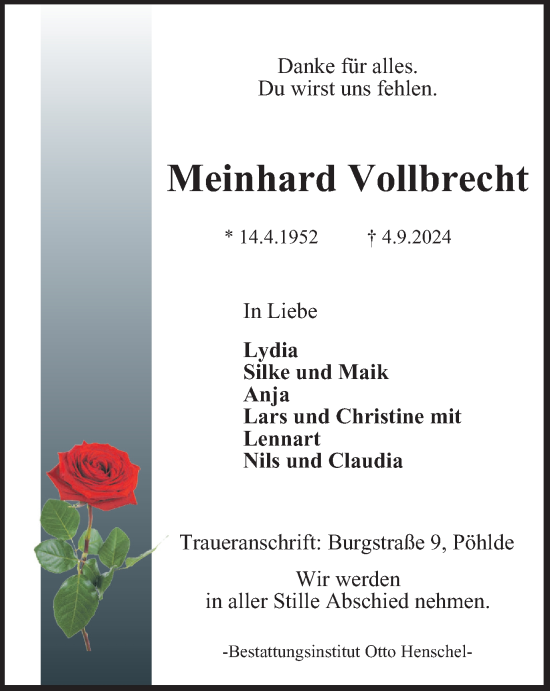 Traueranzeige von Meinhard Vollbrecht von Harz Kurier