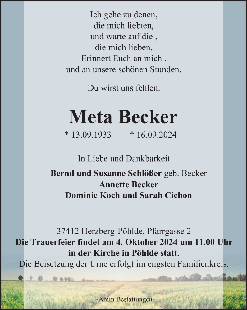  Traueranzeige für Meta Becker vom 28.09.2024 aus Harz Kurier