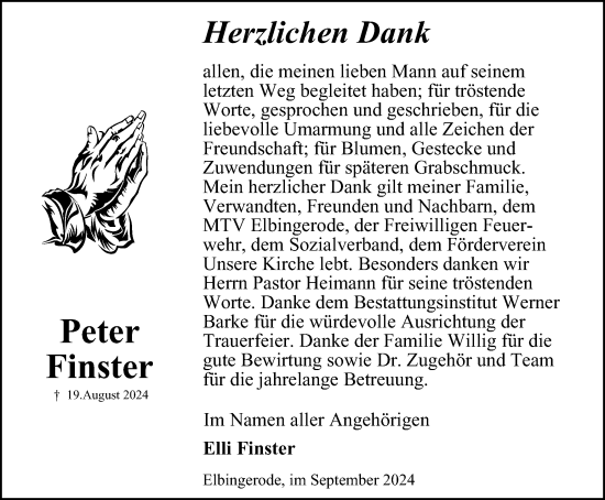Traueranzeige von Peter Finster von Harz Kurier