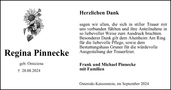 Traueranzeige von Regina Pinnecke von Harz Kurier