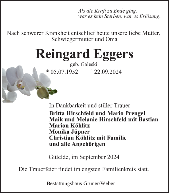 Traueranzeige von Reingard Eggers von Harz Kurier