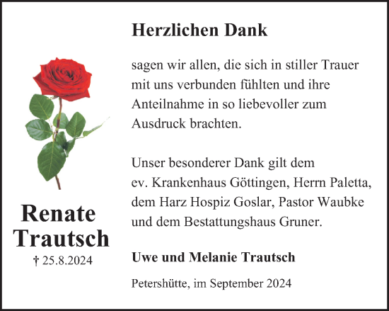Traueranzeige von Renate Trautsch von Harz Kurier