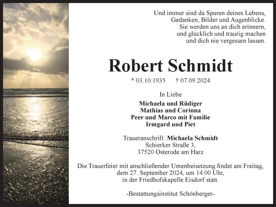 Traueranzeige von Robert Schmidt von Harz Kurier