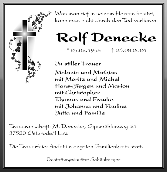 Traueranzeige von Rolf Denecke von Harz Kurier