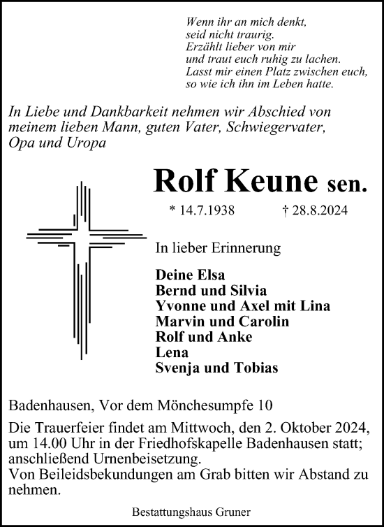 Traueranzeige von Rolf Keune von Harz Kurier