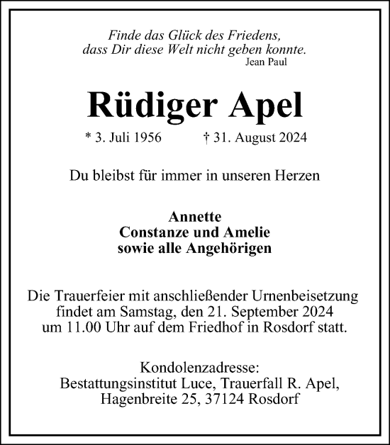 Traueranzeige von Rüdiger Apel von Harz Kurier