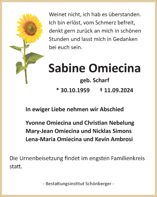 Traueranzeige von Sabine Omiecina von Harz Kurier
