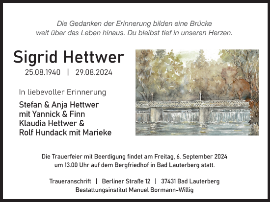 Traueranzeige von Sigrid Hettwer von Harz Kurier