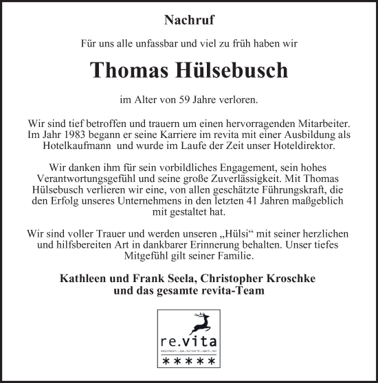 Traueranzeige von Thomas Hülsebusch von Harz Kurier