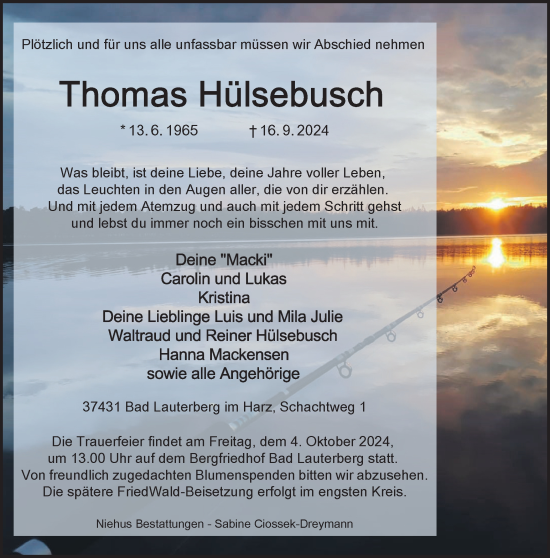 Traueranzeige von Thomas Hülsebusch von Harz Kurier