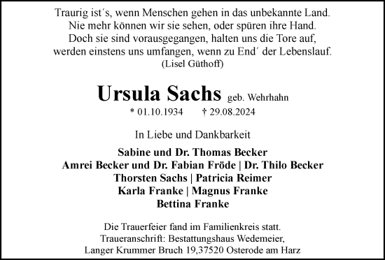 Traueranzeige von Ursula Sachs von Harz Kurier