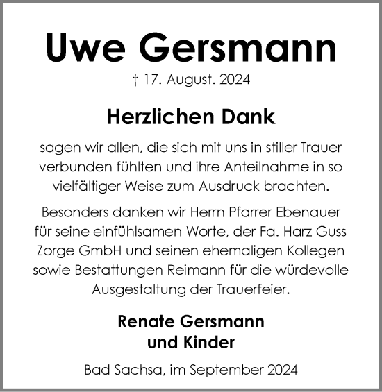 Traueranzeige von Uwe Gersmann von Harz Kurier