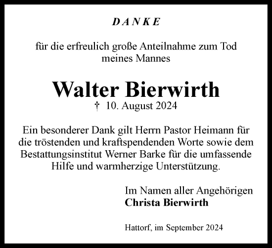 Traueranzeige von Walter Bierwirth von Harz Kurier