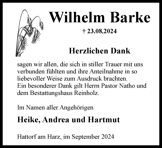 Traueranzeige von Wilhelm Barke von Harz Kurier
