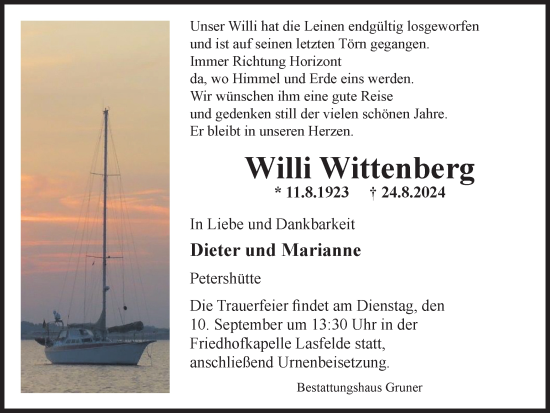 Traueranzeige von Willi Wittenberg von Harz Kurier