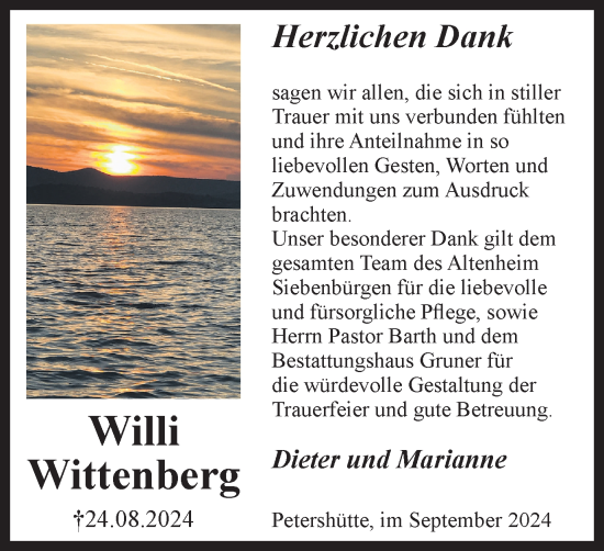 Traueranzeige von Willi Wittenberg von Harz Kurier