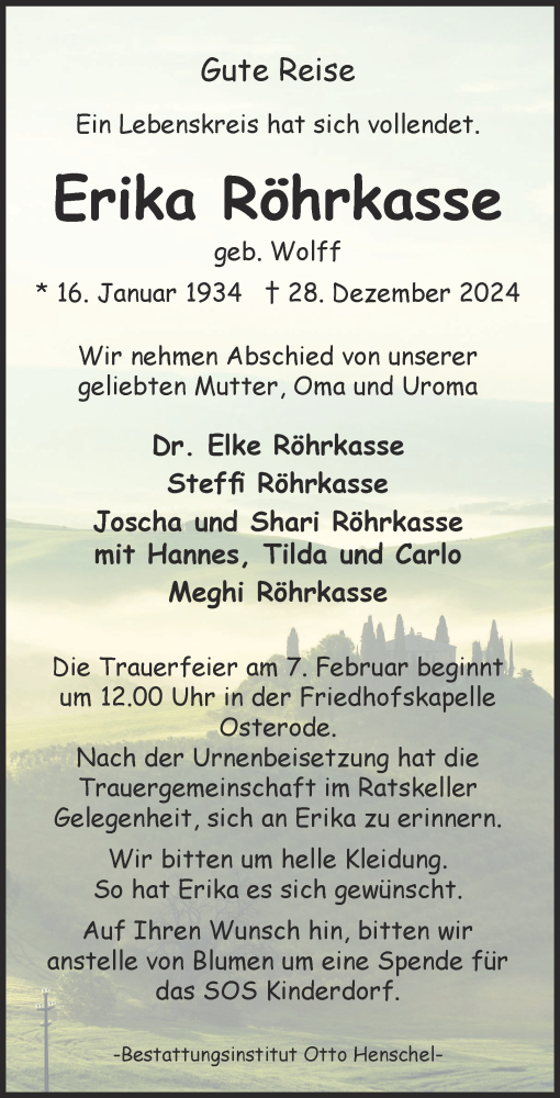 Traueranzeige von Erika Röhrkasse von Harz Kurier