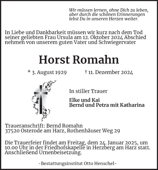 Traueranzeige von Horst Romahn von Harz Kurier