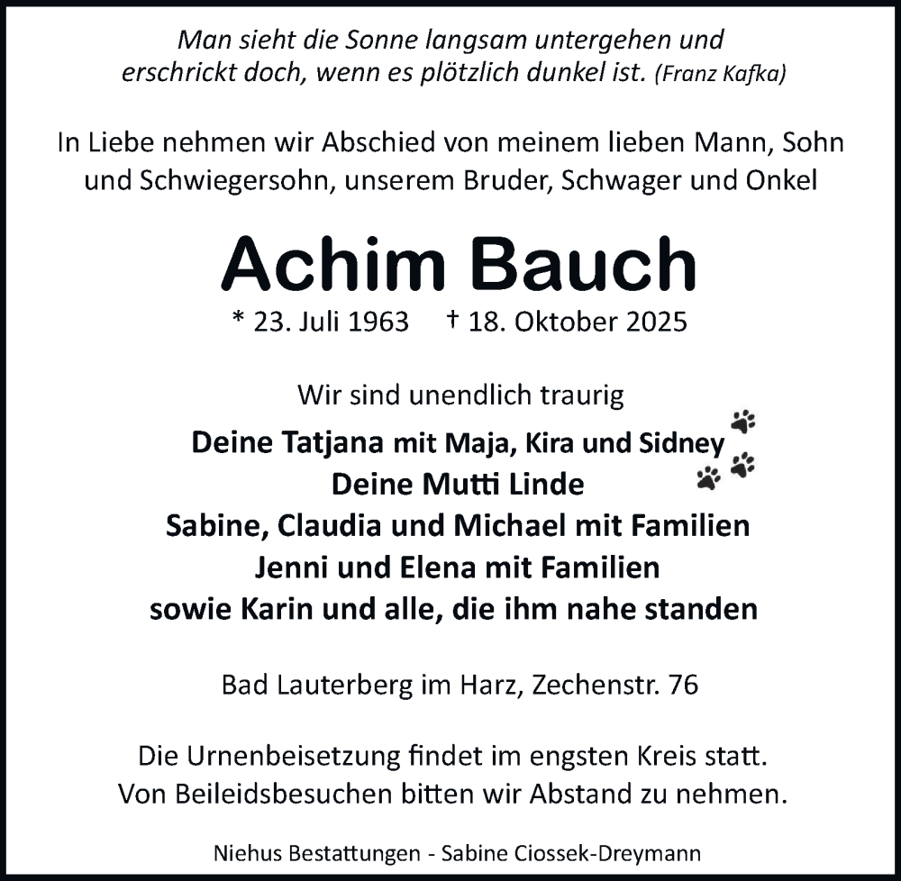  Traueranzeige für Achim Bauch vom 25.10.2025 aus Harz Kurier
