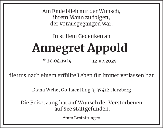 Traueranzeige von Annegret Appold von Harz Kurier