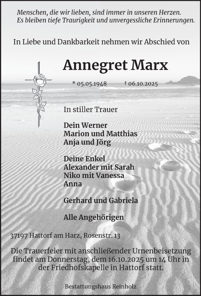  Traueranzeige für Annegret Marx vom 13.10.2025 aus Harz Kurier