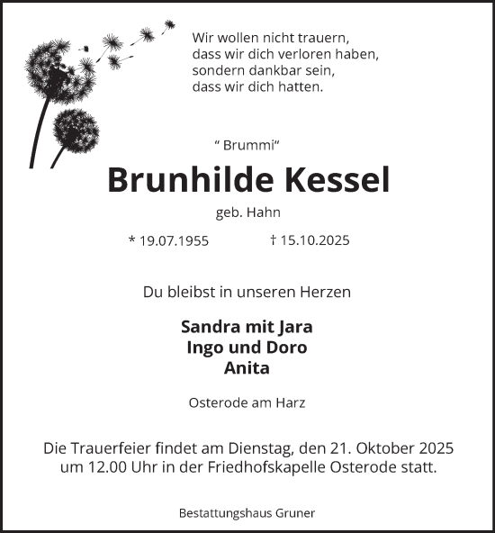 Traueranzeige von Brunhilde Kessel von Harz Kurier