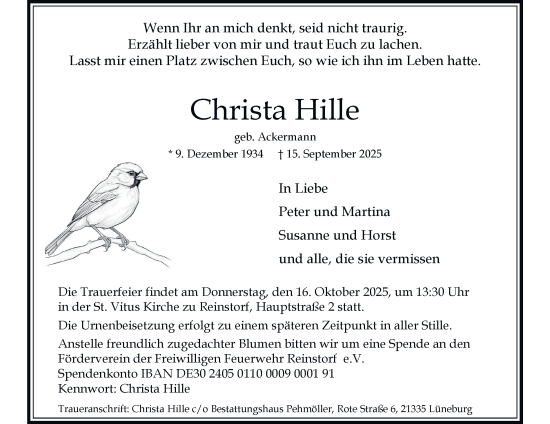 Traueranzeige von Christa Hille von Harz Kurier