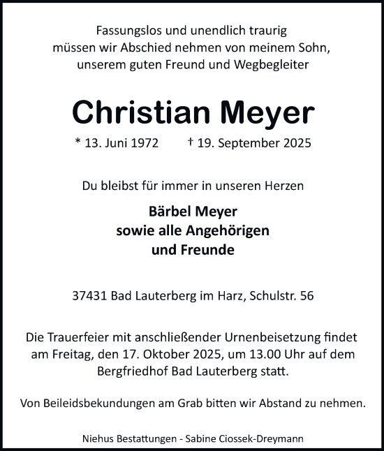 Traueranzeige von Christian Meyer von Harz Kurier