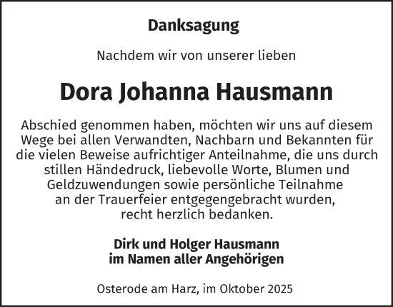 Traueranzeige von Dora Johanna Hausmann von Harz Kurier
