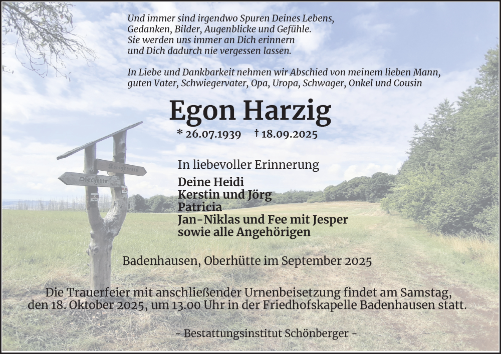  Traueranzeige für Egon Harzig vom 11.10.2025 aus Harz Kurier