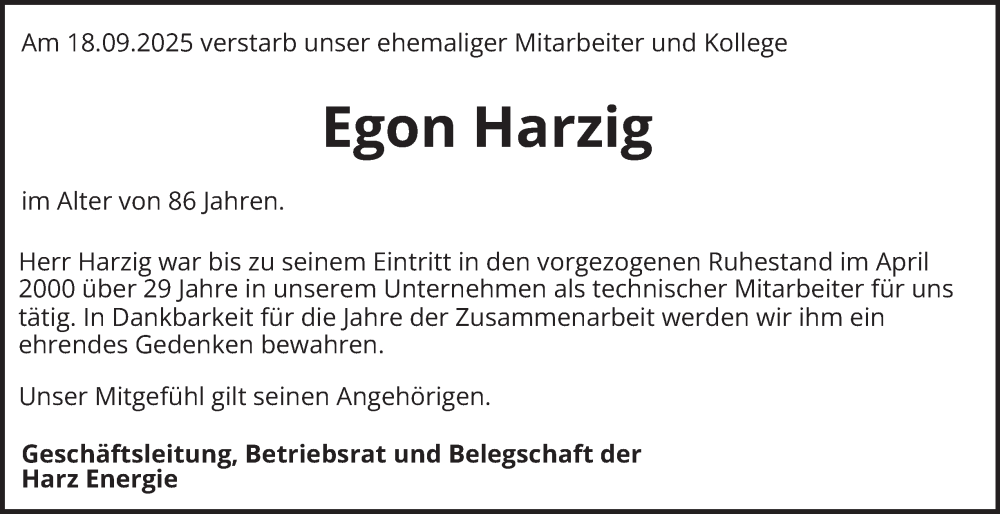  Traueranzeige für Egon Harzig vom 18.10.2025 aus Harz Kurier
