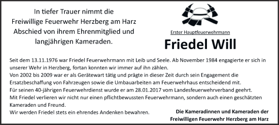Traueranzeige von Friedel Will von Harz Kurier