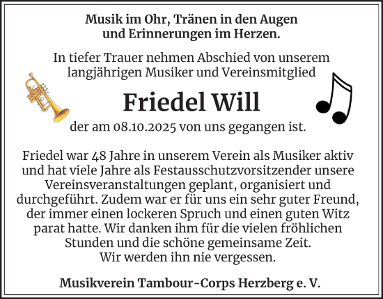 Traueranzeige von Friedel Will von Harz Kurier
