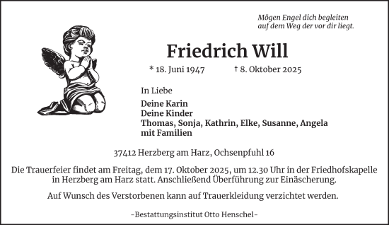 Traueranzeige von Friedrich Will von Harz Kurier