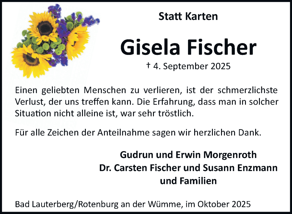  Traueranzeige für Gisela Fischer vom 18.10.2025 aus Harz Kurier