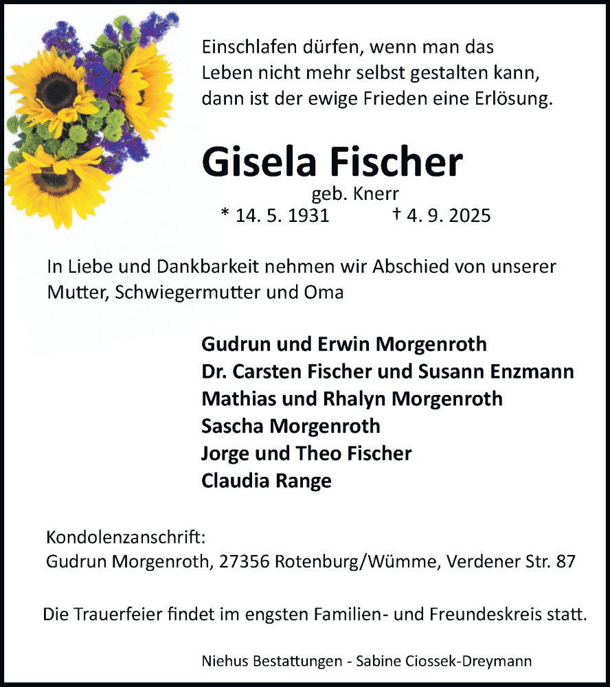  Traueranzeige für Gisela Fischer vom 04.10.2025 aus Harz Kurier