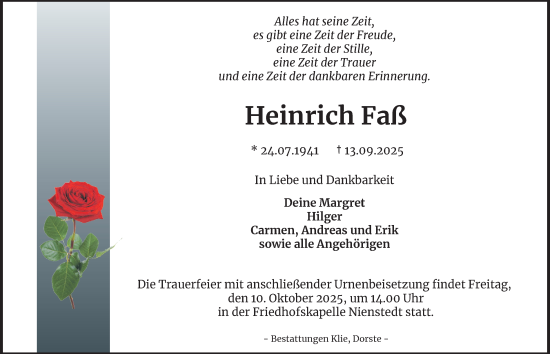 Traueranzeige von Heinrich Faß von Harz Kurier